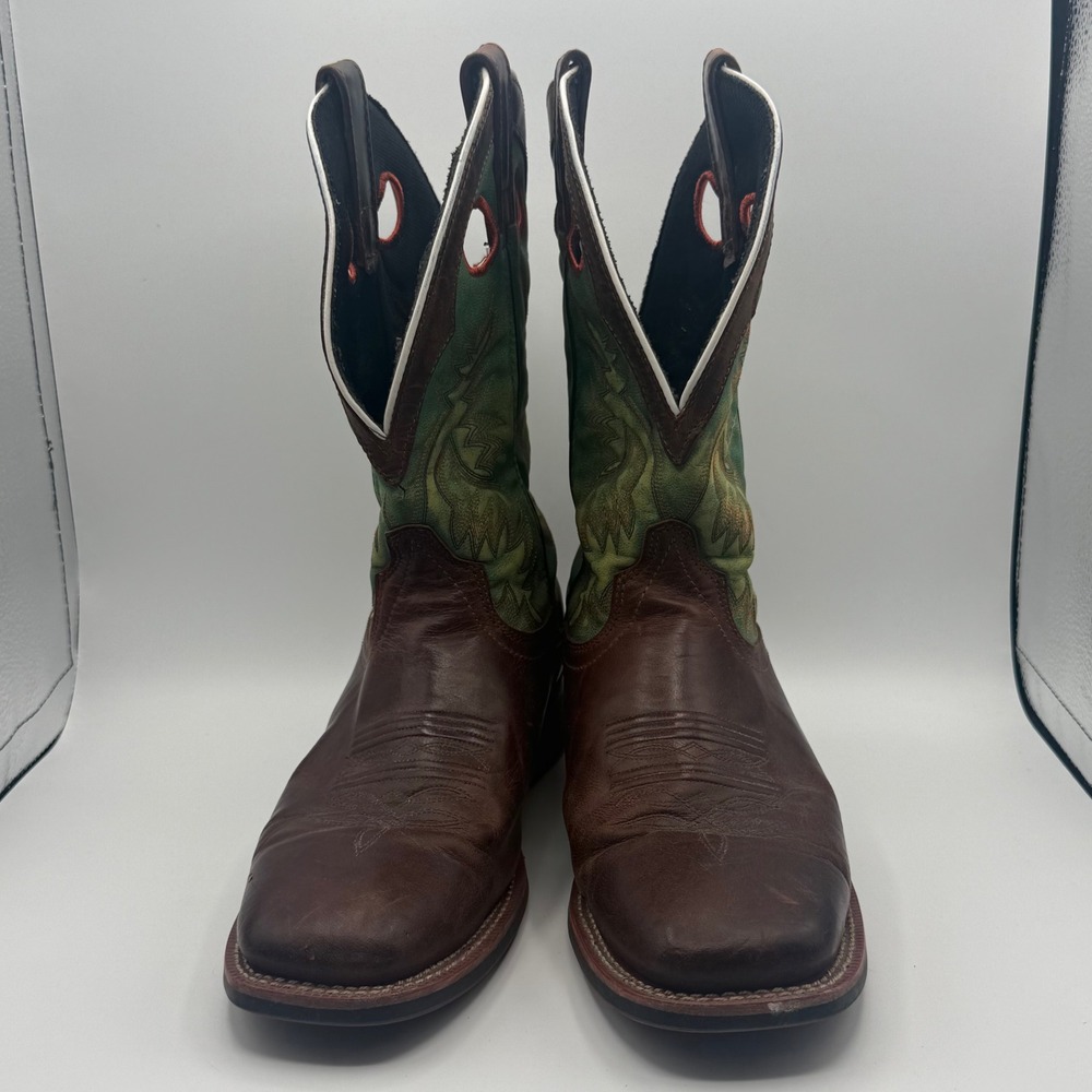 Laredo Cowboy Boots Mens 8.5D Brown Green Good Square Toe Western Pull On